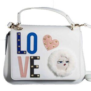 NEWT 100%AUTH LOVE MOSCHINO SHOULDER BAG WHITE FAUX LEATHER W STUDS PATCHES